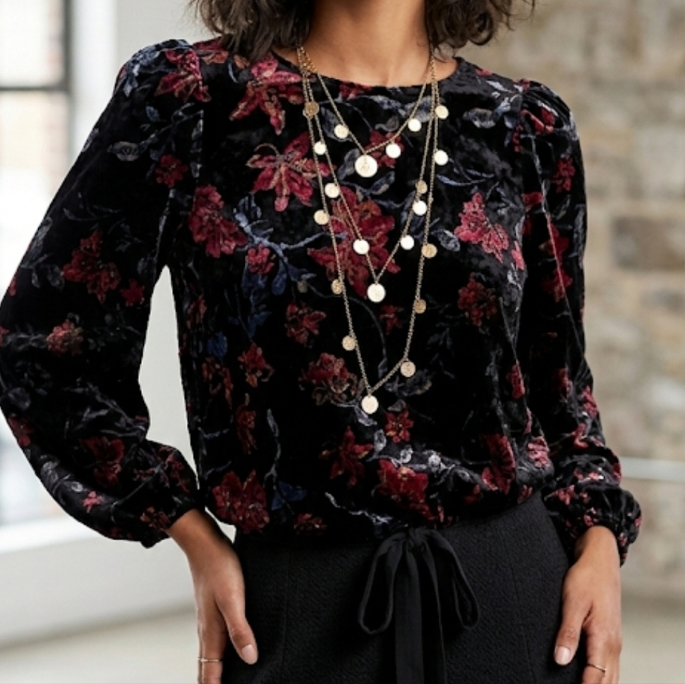 MONTEAU Velvet Black Maroon Burnout Boho Floral Top L NWT